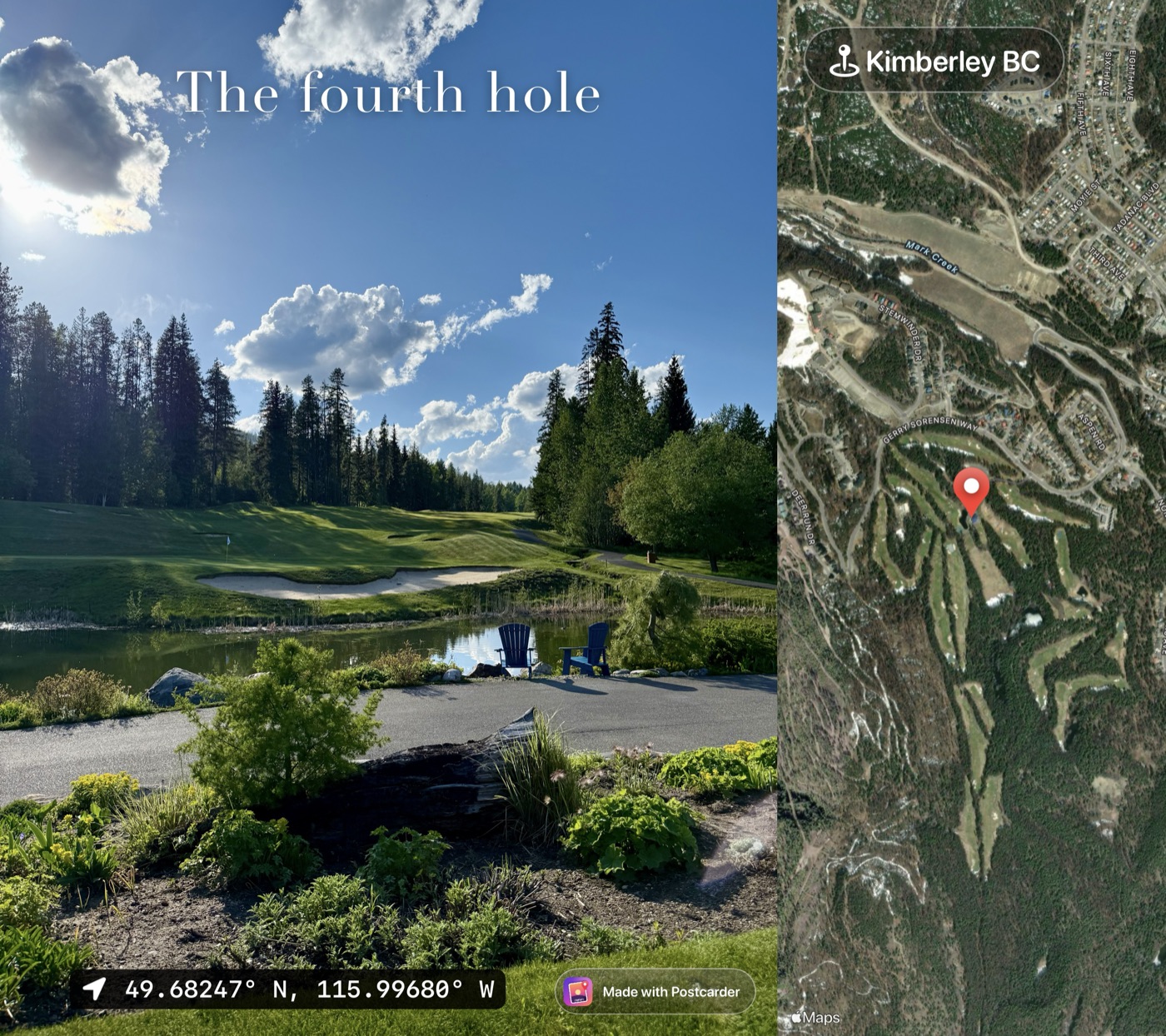 A golf course at evening with the caption The fourth hole, and a satellite map of Kimberley BC attached on the right